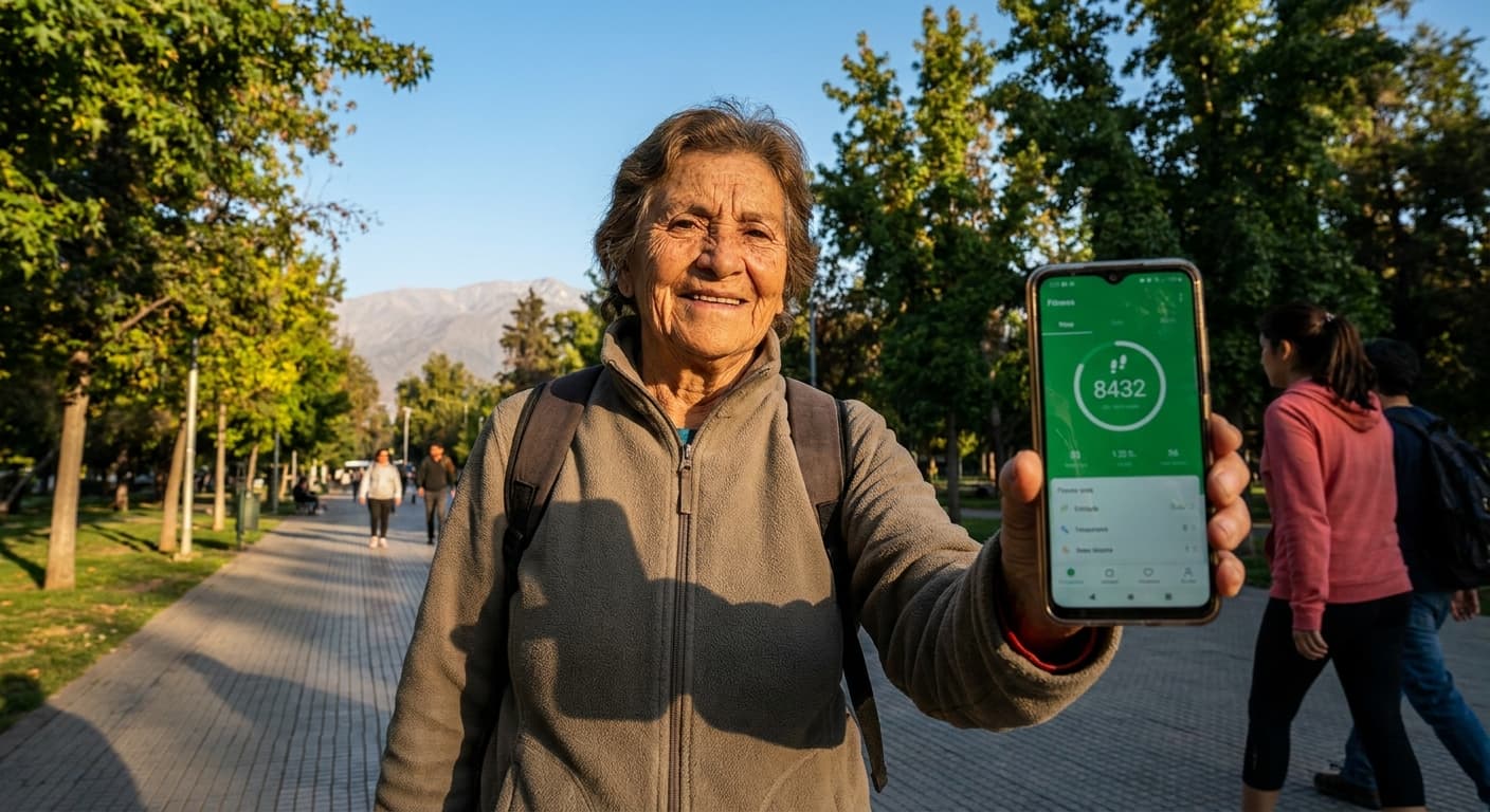 Adulta mayor caminando feliz con la app Reactivate